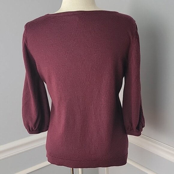 TALBOTS Burgundy Pure Merino Wool Three Quarter Slit Sleeve Boatneck Sweater L - Picture 3 of 9